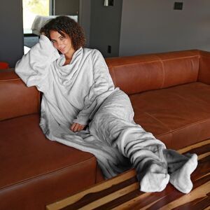 Wearable Fleece Blanket with Sleeves and Foot Pockets for Adult Women Men Cozy